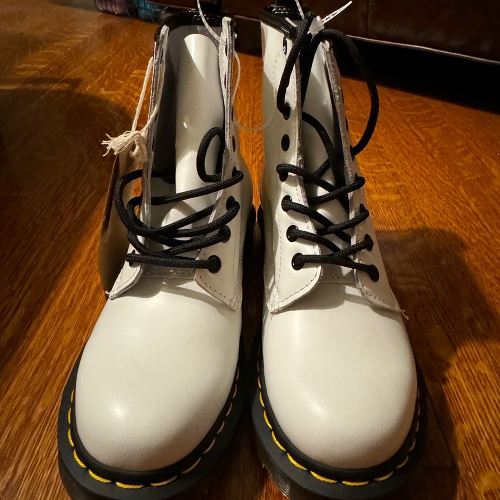 Dr. Martens White Combat Boots with Black Laces and Yellow Stitching